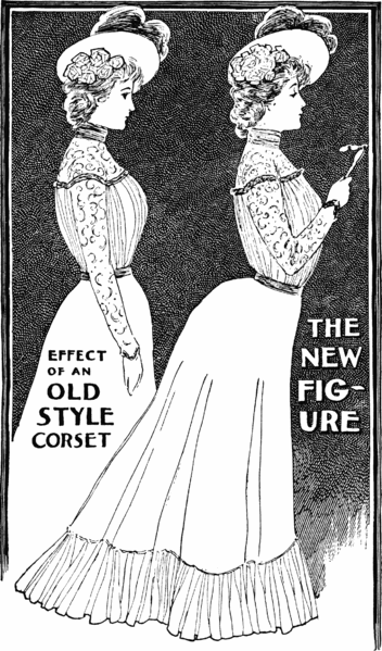 corset5 This illustration from an 1900 issue of Ladies Home Journal shows the change from Victorian to Edwardian silhouettes.