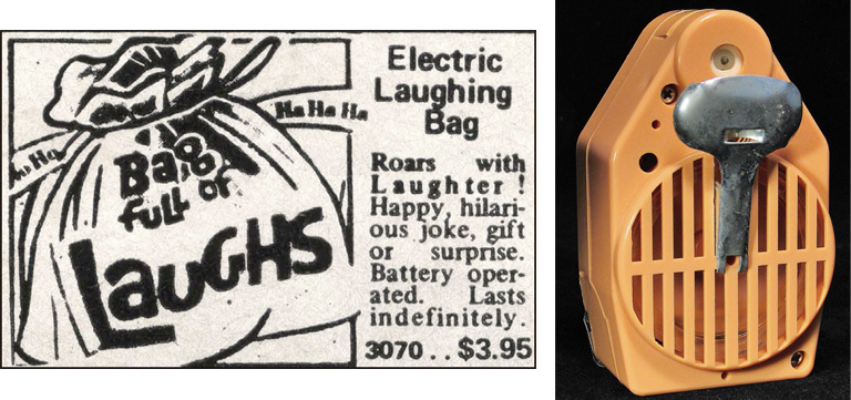 laughs The Bag Full of Laughs has a mechanical laughing device, at right, inside it. Images via "Mail-Order Mysteries."