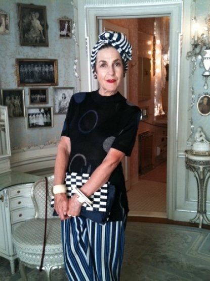 tziporah_8 Standing in the Washington, D.C., dressing room of Marjorie Merriweather Post, Salamon wears wide Greek pajama bottoms, a Matsuda top, a 1940s checked handbag, and a polyester turban.