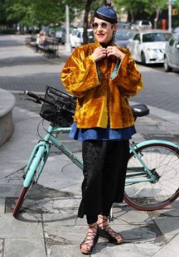 Tziporah_5 This outfit is mostly Chinese antiques, from the 1920s blue finial on the top of her head to the 1930s mustard velvet coat and the Victorian blue shirt. The shoes are contemporary German.