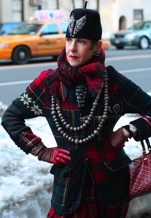 tziporah_18 A plaid Ralph Lauren jacket is paired with plaid Comme Des Garçons pants and scarf. The beads originated in Baku, Azerbaijan, the pin is Bakelite and wood, and the gloves (now lost) are paisley and red leather.