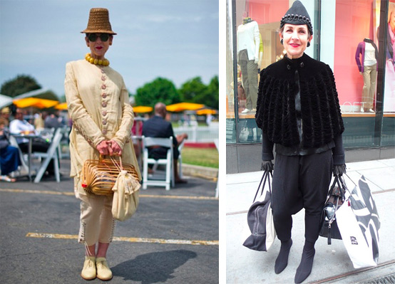 tziporah_14 Left, the '20s look here is achieved with modern clothes, except for the vintage agate-bead necklace, the fully collapsible basket bag from the 1940s, the Arts and Crafts fabric handbag, and the straw hat, originally the back part of an 1880s bonnet. Right, the cape is 1920s black velvet, and the black wool hat is adorned with jet beads.