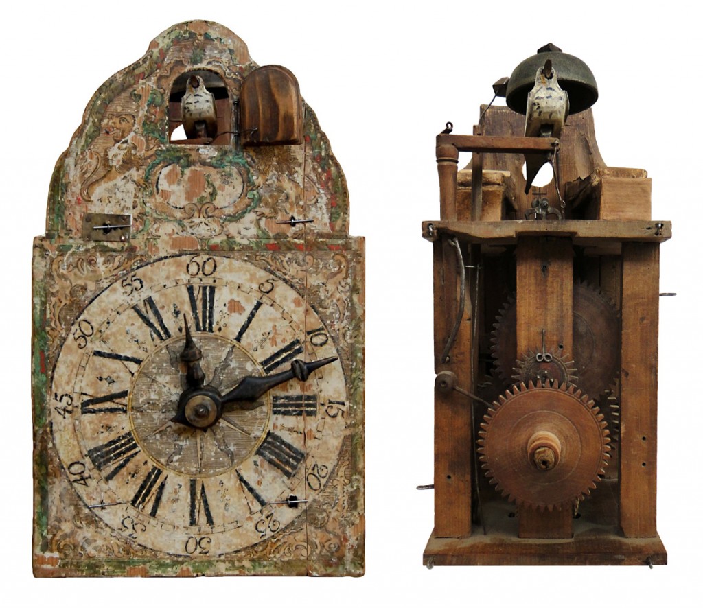 wood-wheel paper-shield cuckoo Top, an unusual "snap" clock featuring a character with a movable jaw and eyes, circa 1820. Above, an early example of a wood-wheel paper-shield cuckoo produced around 1780, both fully assembled (left) and with its face removed (right).