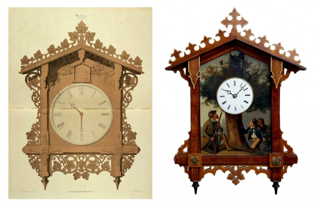4-double-bahnhausle A lithographed image of Friedrich Eisenlohr's original "Bahnhäusle" design from 1850-51 (left) and a painted cuckoo made by Fidel Hepting in Furtwangen in 1859 (right).