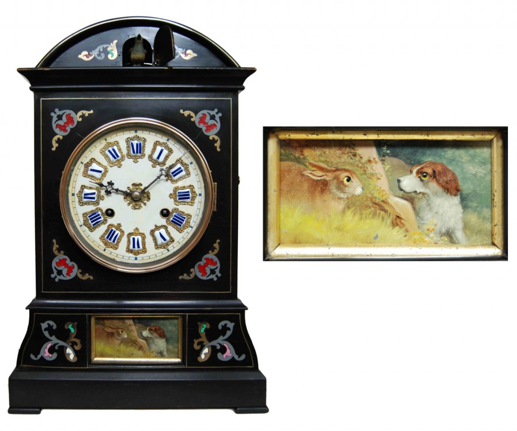 augenwender clock with close-up Johann Baptist Beha designed this complex combination of a cuckoo and "Augenwender" around 1860, with a bird appearing at the top of the hour and the eyes of a dog and rabbit moving constantly along with the clock's pendulum. At right, a detail of the rabbit and hound with moving eyes, painted on zinc.