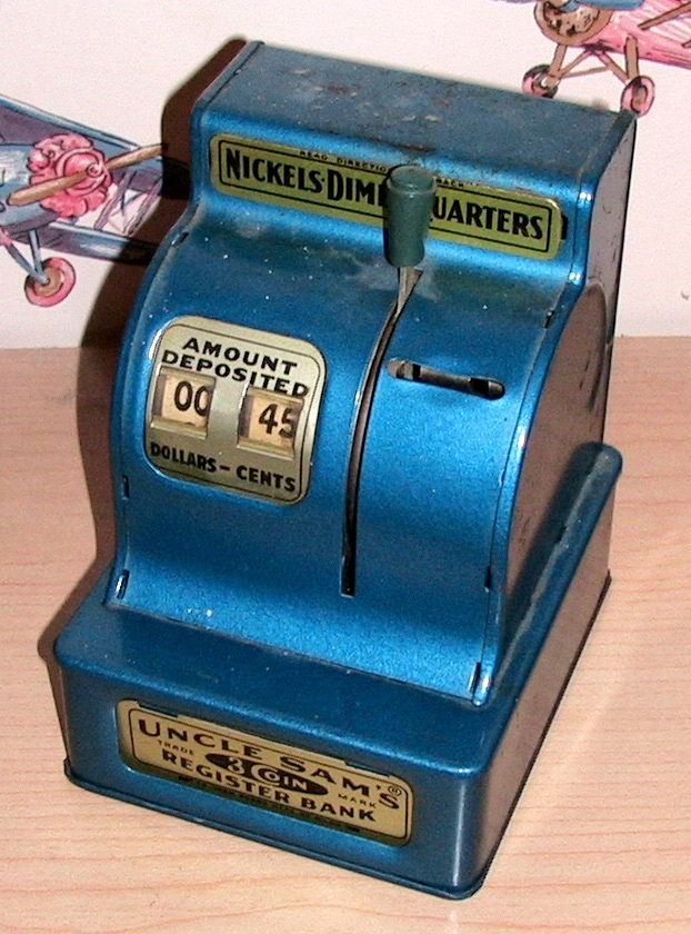bluebank Jonas picked this antique mechanical bank, which takes your nickels, dimes, and quarters, and adds them up.