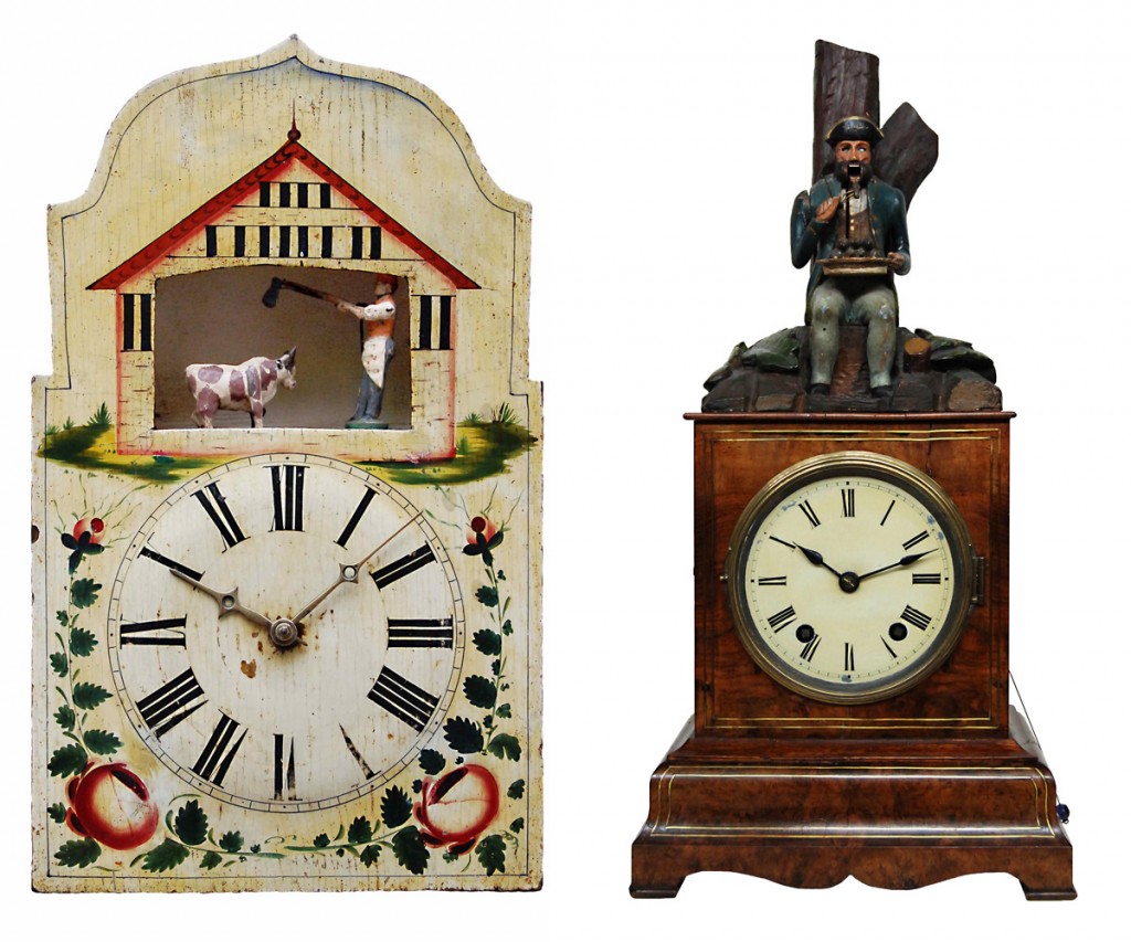 butcher and rat-eater automata clocks Black Forest timepieces incorporating a butcher, circa 1840 (left), and a French soldier munching a plate of rats, circa 1870 (right). The butcher is animated every hour by a wood-plate metal spindled movement, while the rat-eater is activated every 10 minutes with a solid brass-plate movement.