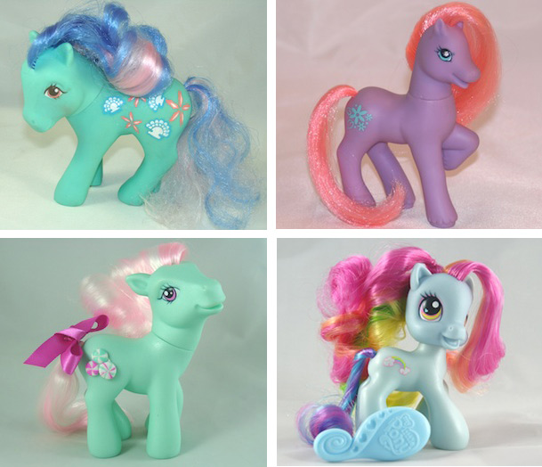 ponychanges The changes My Little Pony has gone through, starting with the first generation in the top left corner to the anime-style G3.5 in the bottom right. Images via Summer Hayes.