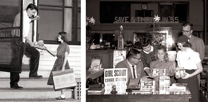 1955 photos Two images from 1955 show the Girl Scouts in action, selling cookies door to door and in small businesses.