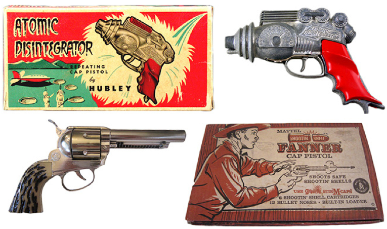 Guns Top, "The Lone Ranger" and "Tom Corbett Space Cadet" comic book covers from 1948 and 1954, respectively. Above, Hubley's Atomic Disintegrator ray gun and Mattel's Shootin' Shell cap pistol from the 1950s.
