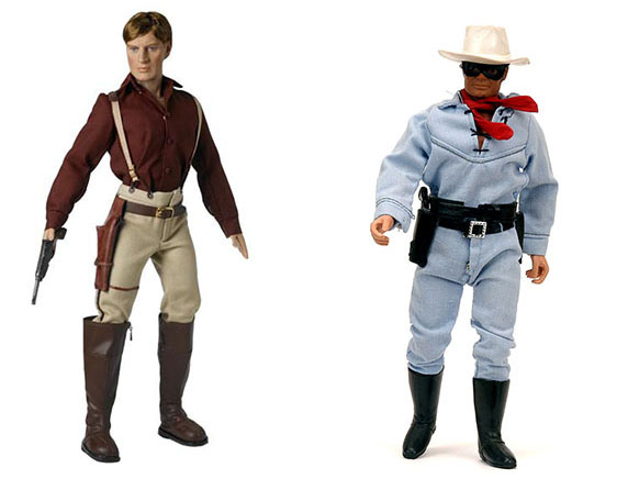 action figures Left, a Malcolm Reynolds action figure made for the "Firefly" series and right, a Lone Ranger action figure from the 1970s.
