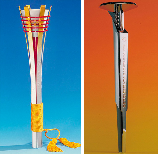 blueandorange The 1998 Nagano torch, with its handle wrapped in yellow thread, was based on a traditional Japanese torch. The 1992 Barcelona torch, created by industrial designer André Ricard, was part of the Games' overarching design scheme. Copyright International Olympic Committee.