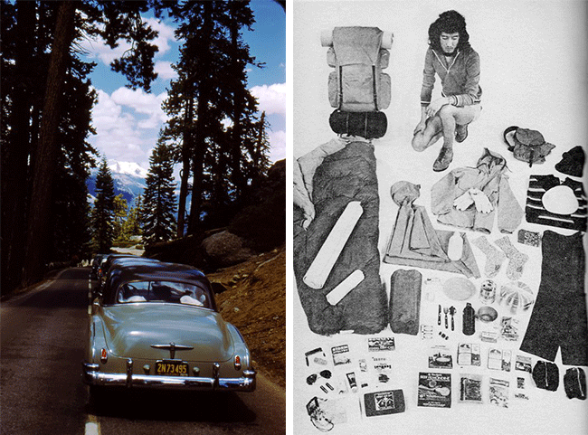 car-vs.-back Man versus car: automobile camping boomed during the '40s and '50s, so much that travelers faced traffic even in the high Sierra. At right, Harvey Manning poses with his suggested supply list in his 1972 book “Backpacking One Step at a Time.”