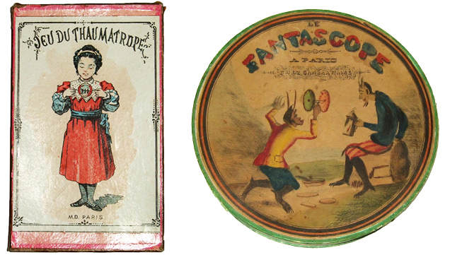 ScopePackaging Above left: The Game of Thaumatrope, published by Mauchair Dacier, Paris, c. 1891. Above right: This French Phenakistoscope called The Fantascope, c. 1840, used the discs shown at top.