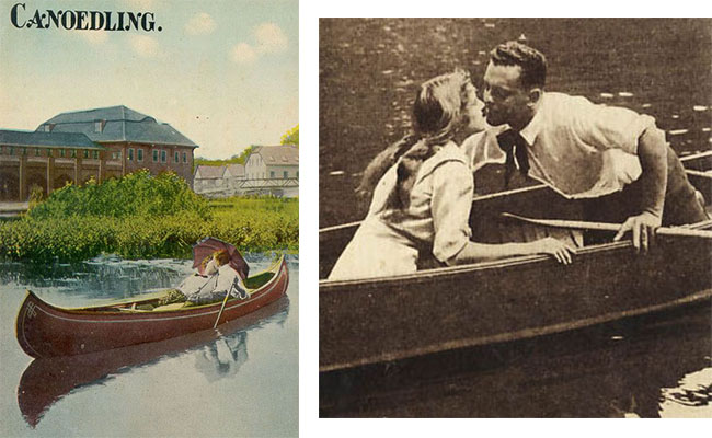 kissing in canoes Two postcards from the early 1900s capitalize on the popularity of scandalous "canoedling," though the word most likely evolved from the German term “knuddeln,” meaning “to cuddle.” Left image courtesy Benson Gray.