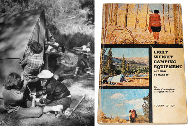 lightweight-gear At left, an image of women raising a heavy wood-framed canvas tent in the 1950s contrasts sharply with Gerry Cunningham's book cover featuring lightweight, solo backpacking gear. Courtesy Bruce Johnson.