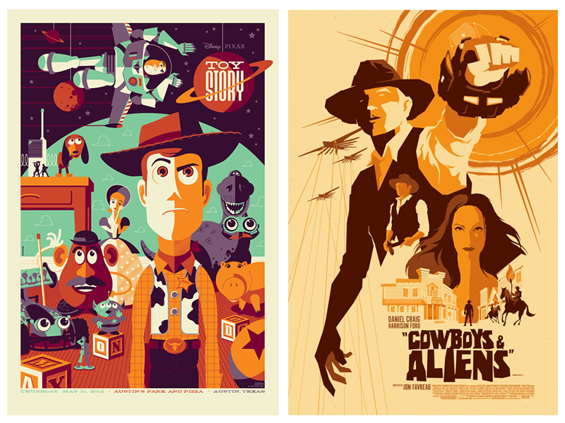 movie posters Tom Whalen's poster designs for "Toy Story" and "Cowboys & Aliens," two films that exemplify the clash of sci-fi and Western genres.