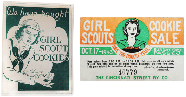 poster-&-bus-pass Left, a home placard from the late 1930s indicates its owners have already placed their orders (so please don't knock). Right, a 1943 cookie sale advertisement on a Cincinnati bus pass. Courtesy Carol & Ernie Altvater.