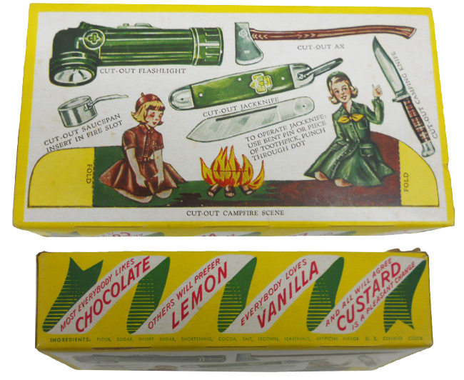 yellowcookies The back of this 1951 cookie box features a cut-out campfire scene along with images of the tools scouts could earn. Many leaders used this cardboard knife for their safety trainings. Courtesy Ellen DeMaio.