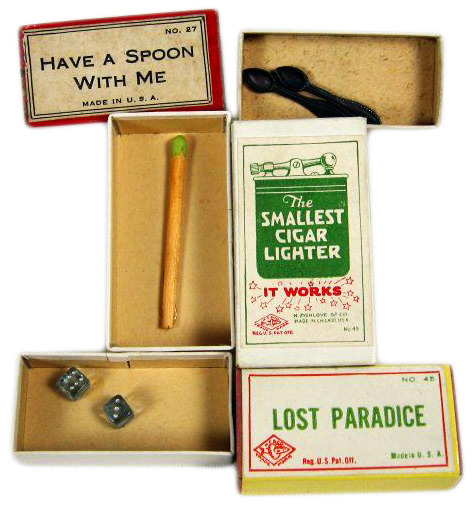 Small-Early-boxes Early Fishlove gag boxes, first produced in the 1920s, were the size of small matchboxes and conceptually simple.