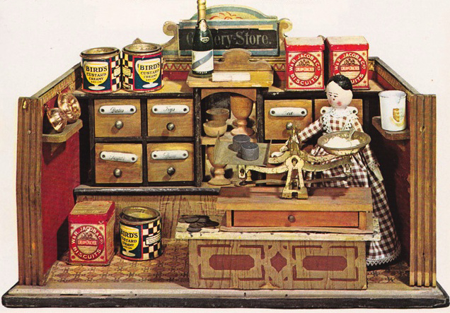 grocerystore An example of a late 19th-century model grocery store with name-brand products. From "The World of Toys."