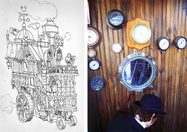 drawing and dials Left, one of O'Hare's earliest sketches of the Neverwas Haul concept. Right, a wall of gauges and dials inside the structure.