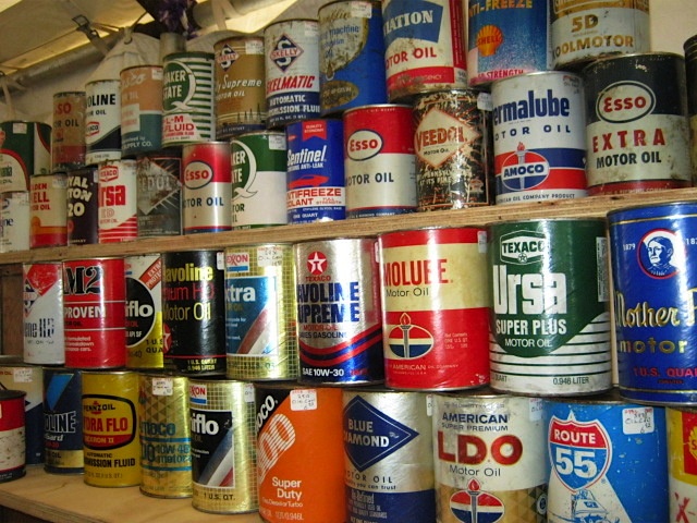 oilcans Antique oil cans for sale at Brimfield. Photo by Ben Marks.