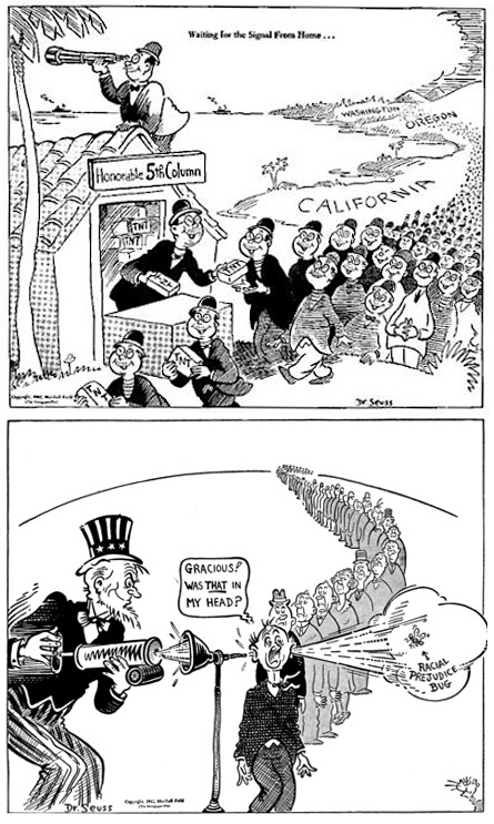 stacked In the top cartoon, from February 1942, Japanese Americans line up to pick up dynamite, "waiting for the signal from home." The cartoon above, from June of the same year, is titled, "What This Country Needs Is a Good Mental Insecticide" and shows Uncle Sam removing the "racial prejudice bug." From the UCSD Mandeville Special Collections Library.