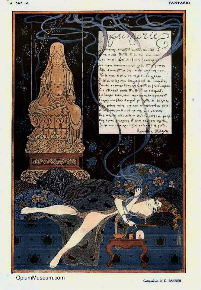 french illustration A highly romanticized illustration of a woman smoking opium, by George Barbier. From the French magazine "Fantasio," 1915.