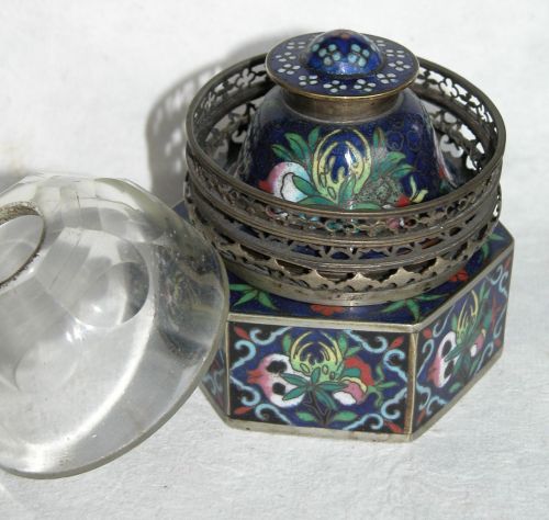 cloisonne lamp This opium lamp with extensive cloisonne ornamentation was found in New Orleans.