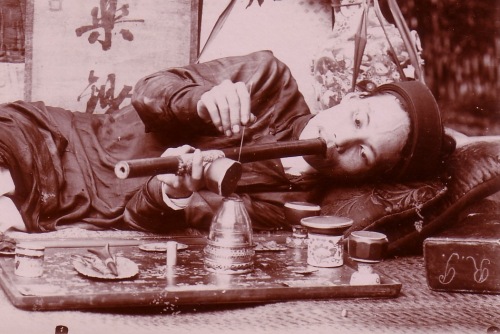 Vietnamese_smoker Top: Anti-opium propaganda poster from China, circa 1930. Above: This Vietnamese smoker's layout included a hardwood tray with mother-of-pearl inlay and miniature, spittoon-shaped pots on which to rest pipe-bowls.