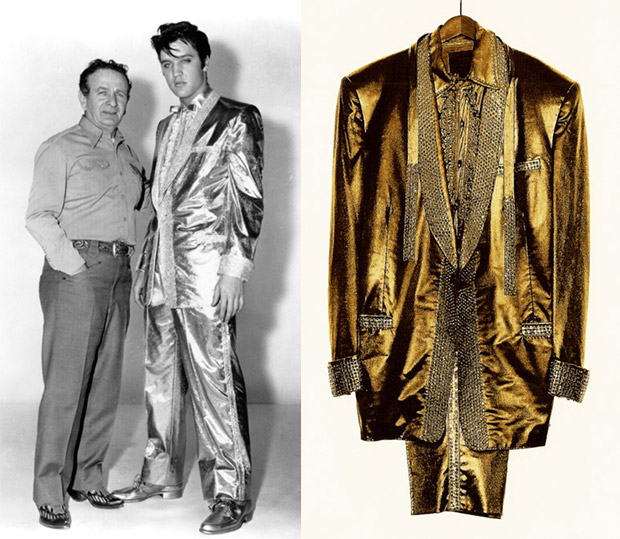 elvis-&-nudie Nudie created the famous gold lame suit for Elvis Presley in 1957, which was featured on the cover of his album "50,000,000 Elvis Fans Can't Be Wrong."
