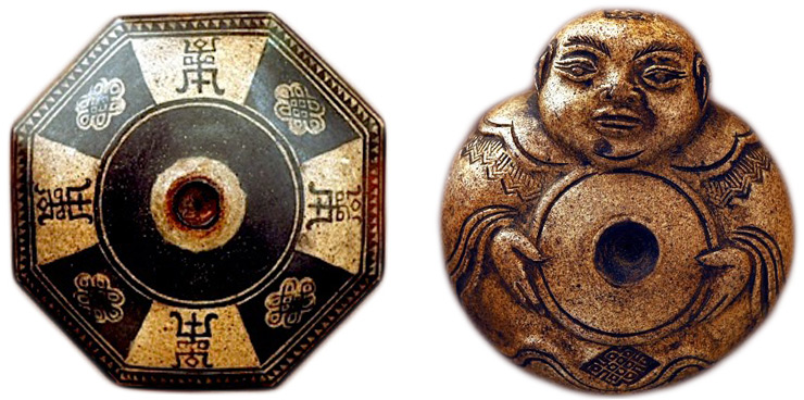 opium_duo Left, a late 19th century earthenware pipe-bowl decorated with the character denoting longevity and the "endless knot," a Buddhist symbol. Right, a pipe-bowl in the shape of a Buddhist deity.