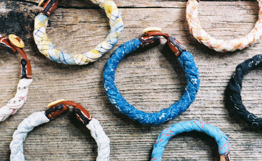 LEVIS-bracelet-medley Barrett Alley's bracelets for the Levi's Made Here project are constructed from 100-year-old American deadstock fabric. Via barrettalley.com.