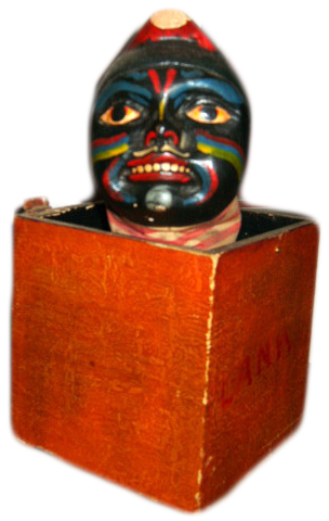 blackamore The seller dreamed this jack-in-the-box said to her, "I stand around a one-foot high; Don't fool with me or you might die; Where I come from, no one knows; But wherever I go, more fear grows; Treat me well and you will see; What old Jack can do for thee."