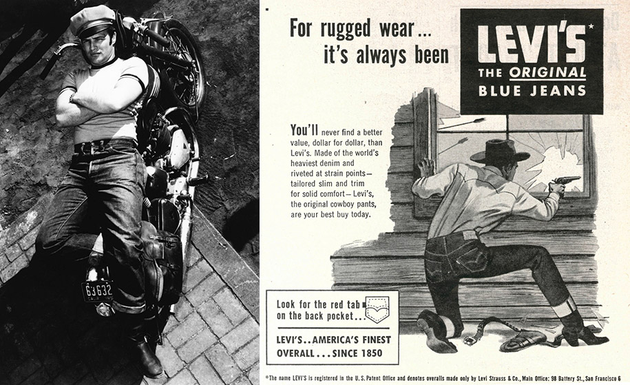 brando-and-the-west Top: Bruce Springsteen's cover image for "Born In The U.S.A." works the blue-collar rebel look. Above: Left, Marlon Brando's character in 1953's "The Wild One" epitomized the bad-boy appeal of blue jeans. Right, a mid-century ad for Levi's recalls its Western heritage.