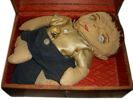 dollbox A seller in Florida says this box, which comes with a handmade doll and a gold ring, creates dreams of a woman in white. Starting at $50, it has no bids.
