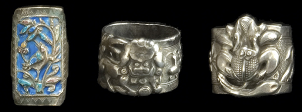 ring trio Animal motifs on these silver rings include birds, lions, and frogs. Courtesy the Shyn Collection.