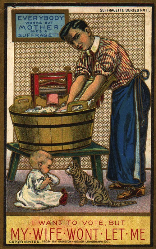 suffrage11 Top: A little boy reprimands a young suffragist for ignoring her dolls in this U.S.-made card marked "BS." Above: In 1909, the Dunston-Weiler Lithograph Company of New York issued possibly the most beautiful set of 12 anti-suffrage cards ever. Palczewski, Catherine H. Postcard Archive. University of Northern Iowa. Cedar Falls, IA.