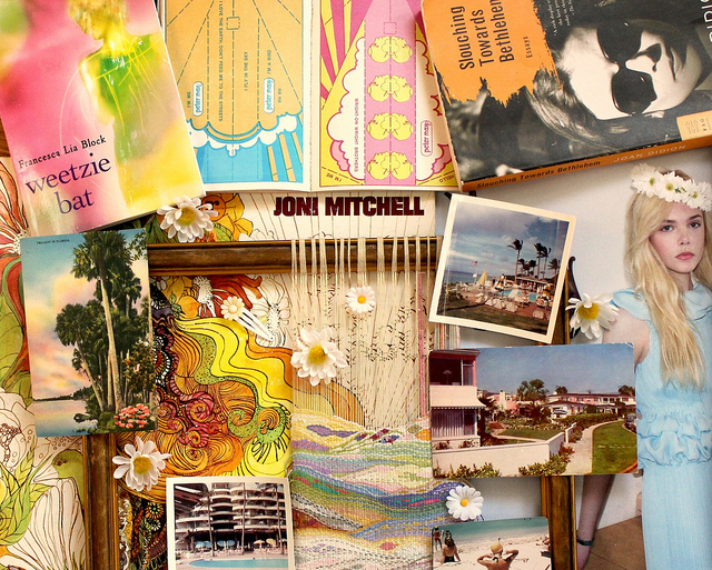 7225635916_2c6473988c_z Top: Tavi makes her getaway. Photo by Petra Collins. Above: A Los Angeles-inspired mood board Gevinson created includes a paperback copy of "Weetzie Bat," Peter Max paper airplanes, a tapestry her mother made, and vintage postcards and photographs.