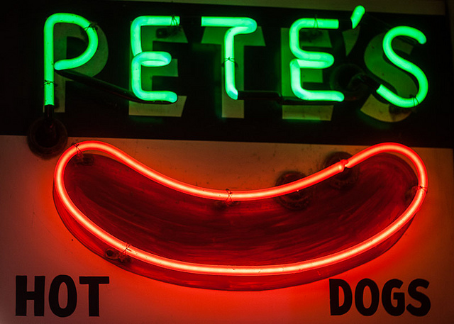 neon_petes Hively found this sign at Pete's Hot Dog Stand traveling in Newburgh, New York. Photo by Hively.
