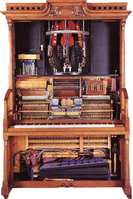 orchestrion2 The inside of a Hupfeld style A Phonoliszt-Violina, featuring three violins accompanied by an expression piano, restored by Reblitz's company. Photo Courtesy of Reblitz.