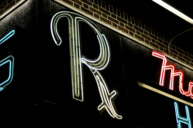 neon_rx Hively was heartbroken to discover Maiman's Pharmacy in Crown Heights, Brooklyn, has closed. The neon is gone, too. Photo by Hively.