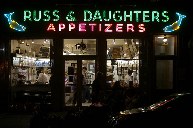 neon_russ Russ & Daughters on the Lower East Side has a pair of blue and yellow fish. Photo by Hively.
