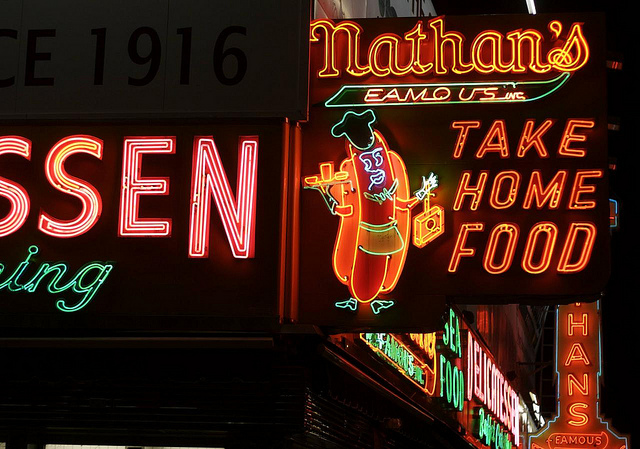 neon_nathans Nathan's Famous Hot Dogs chain has a particularly elaborate neon sign on the corner of Surf and Stillwell in Coney Island. Photo by Hively.