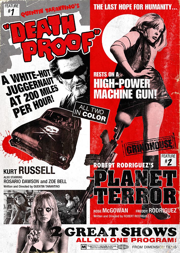 retromania_grindhouse A poster for the 2007 "Death Proof"/"Planet Terror" double feature is meant to recall the grindhouse exploitation films of the 1970s.
