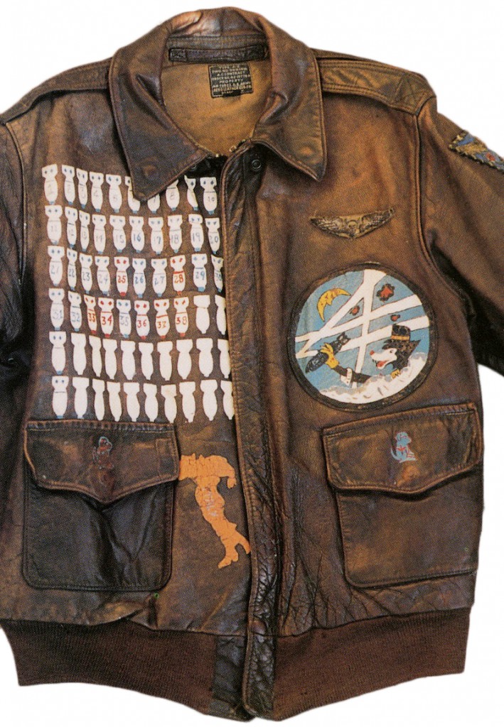 jacket_italy An A-2 jacket worn by an American air gunner in the 86th Bomb Squadron, 47th Bomb Group. The dog was the squadron mascot, and the outline of Italy indicates were he served. From the collection of Jeff Spielberg.