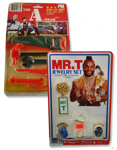 mistatee Top: The Mighty Hercules Magic Ring was basically a plastic, glow-in-the-dark locket. Above: Some of the wackier rack toys include "B.A.'s Fix It Set" and "Mr. T's Jewelry Set." Images courtesy Brian Heiler.