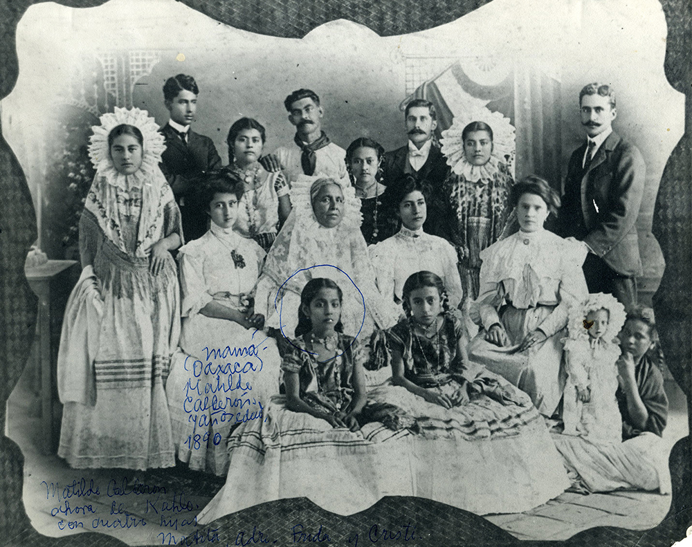 MC_Familia This portrait from 1890 shows Kahlo's maternal family wearing Tehuana style clothing. Frida's mother, Matilde Calderón, is circled at center. Courtesy Museo Frida Kahlo.