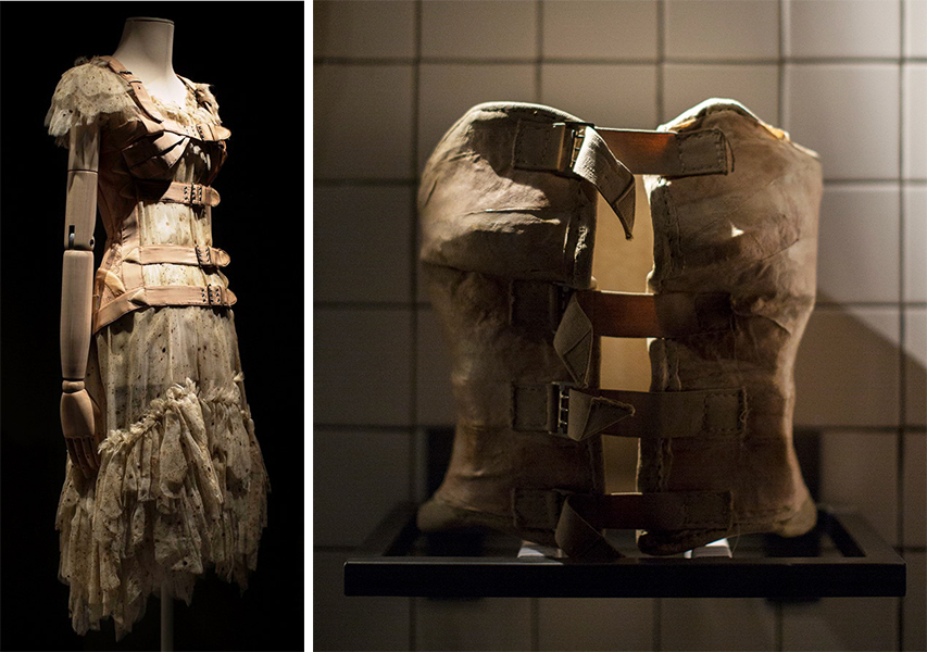 disability-combo On the left, a Gaultier corset dress from 1994 that was inspired by Kahlo's plaster supports, like the one shown on the right. Photos by Miguel Tovar.